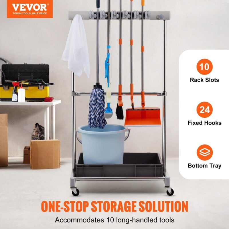 SKYSHALO Garden Tool Storage Rack with Wheels Garage Organizer 10 Slots with Hooks - Image 2