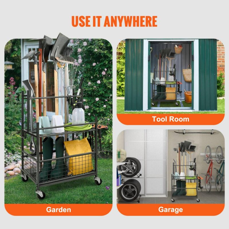 SKYSHALO Garden Tool Storage Rack with Wheels Garage Organizer 16 Slots with Hooks - Image 6