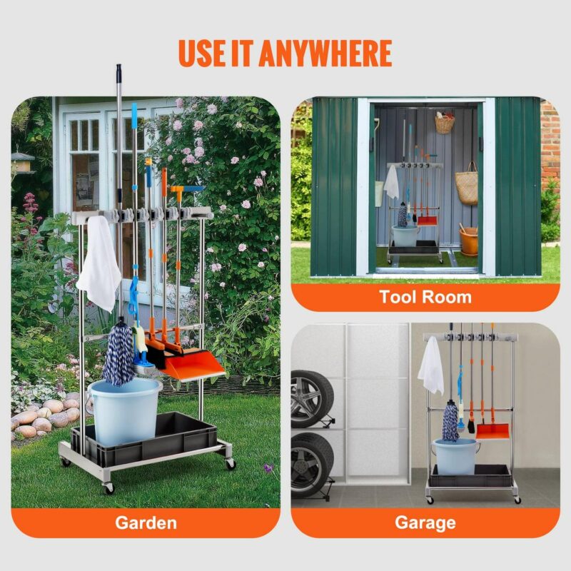 SKYSHALO Garden Tool Storage Rack with Wheels Garage Organizer 10 Slots with Hooks - Image 6