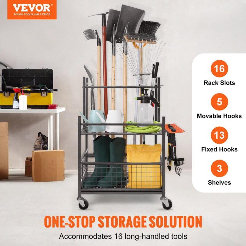 SKYSHALO Garden Tool Storage Rack with Wheels Garage Organizer 16 Slots with Hooks - Image 2