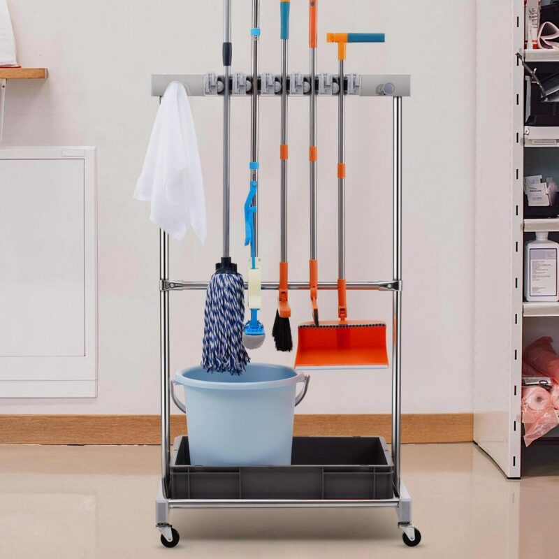 SKYSHALO Garden Tool Storage Rack with Wheels Garage Organizer 10 Slots with Hooks