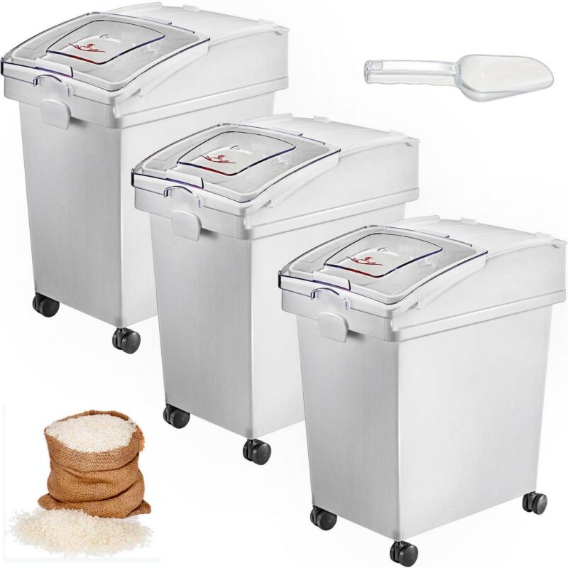 SKYSHALO Ingredient Bin, 6.6 Gallon Capacity Ingredient Storage Bin, 3 Pieces/Set, PP Material Flour Bin with Wheels, White Shelf Ingredient Bin with Scoop and Sliding Lid, Commercial Storage Bin