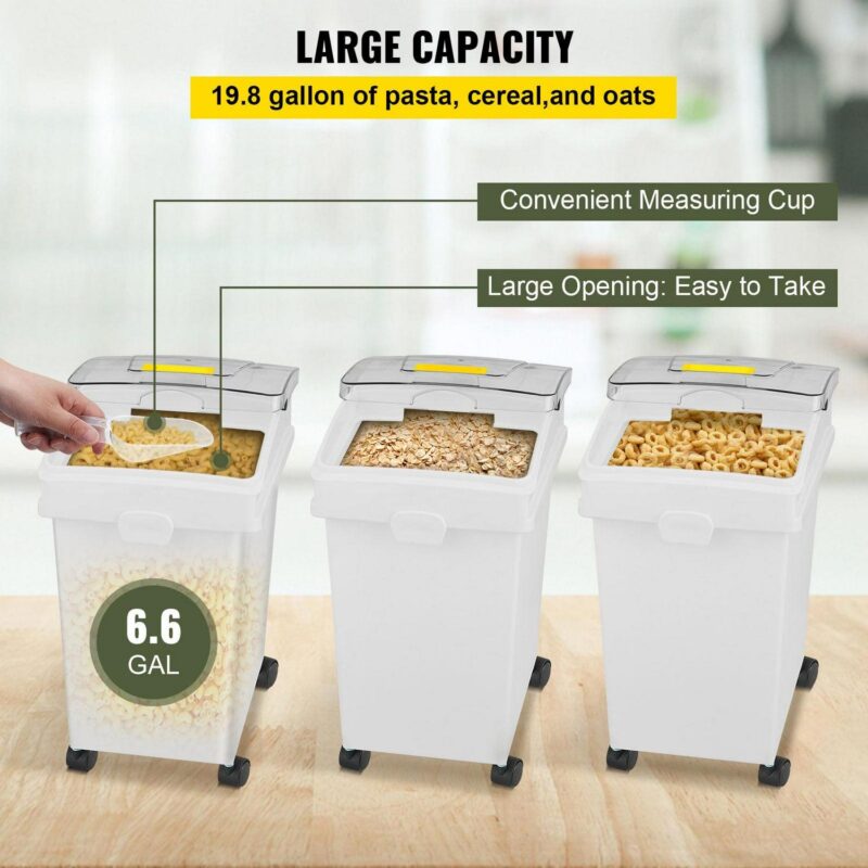 SKYSHALO Ingredient Bin, 6.6 Gallon Capacity Ingredient Storage Bin, 3 Pieces/Set, PP Material Flour Bin with Wheels, White Shelf Ingredient Bin with Scoop and Sliding Lid, Commercial Storage Bin - Image 3