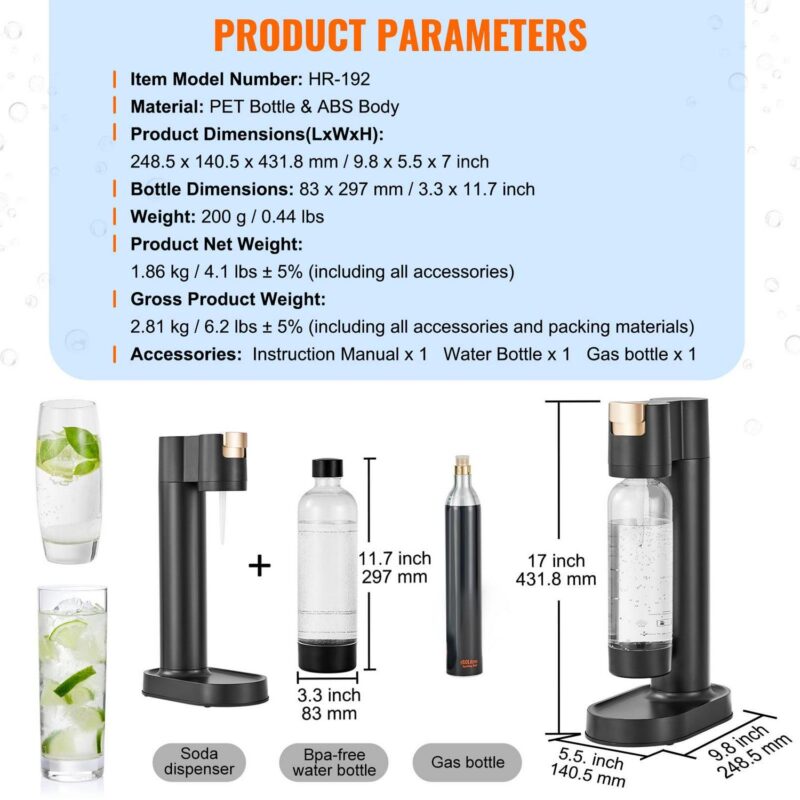 SKYSHALO Soda Water Machine 1 PET Bottle 1 CO2 Cylinder Soda Water Dispenser Black - Image 7