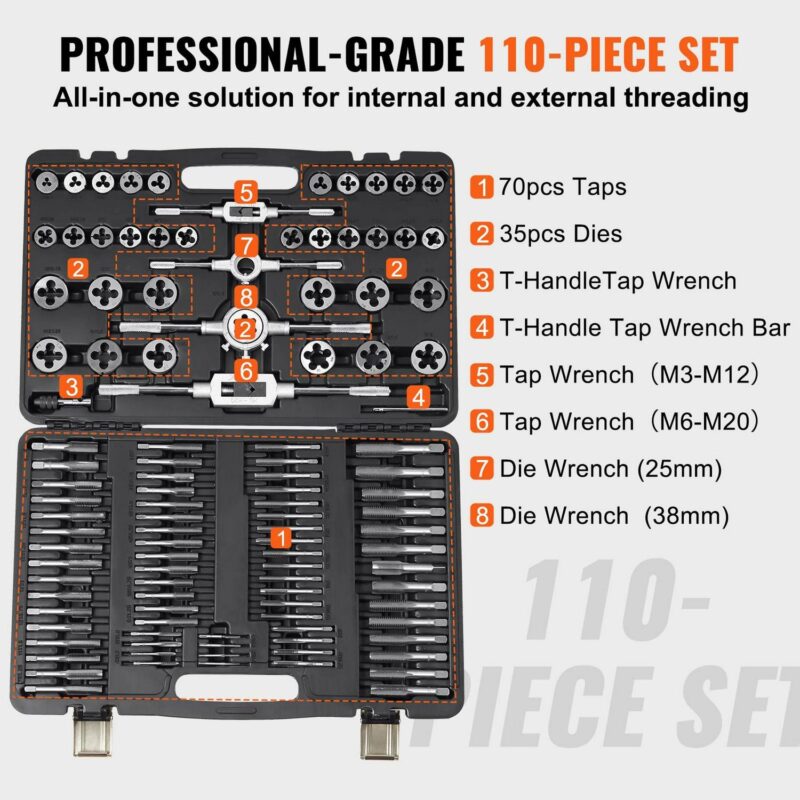 SKYSHALO Tap and Die Set, 110-Piece Include Metric Size M2 to M18, Bearing Steel Taps and Dies, Essential Threading Tool for Cutting External Internal Threads - Image 4
