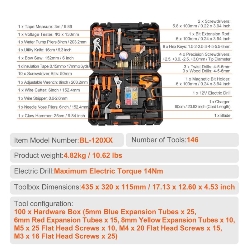 SKYSHALO Tool Collection, 146-Piece Set for Home Repair, Includes Electric Drill and Carry Case, Durable Steel Construction, Ideal for DIY Tasks and Car Maintenance - Image 3