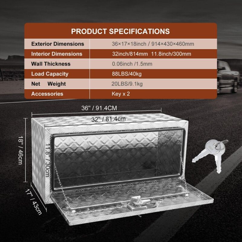 SKYSHALO Underbody Aluminum Truck Tool Box 36  x 17  x 18  Trailer RV Tool Storage - Image 6