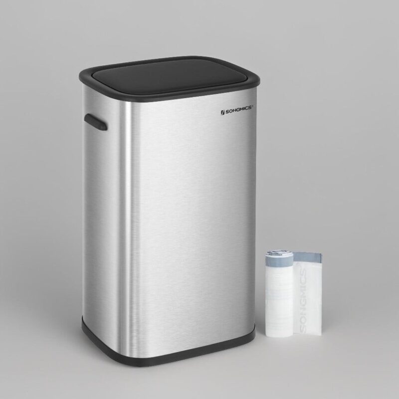 SONGMICS 13 Gallon Motion Sensor Trash Can, Automatic Garbage Can with Soft-Close Lid , Silver