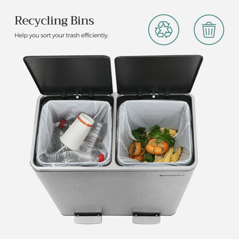 SONGMICS 16 Gallon Dual Trash Can Rubbish Bin and 15 Trash Bags, Metal, Silver and Black - Image 5