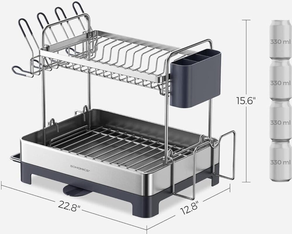 SONGMICS 2 Tier Dish Drying Rack, for Kitchen Counter with Rotatable Drain Spout, Silve and Gray - Image 3