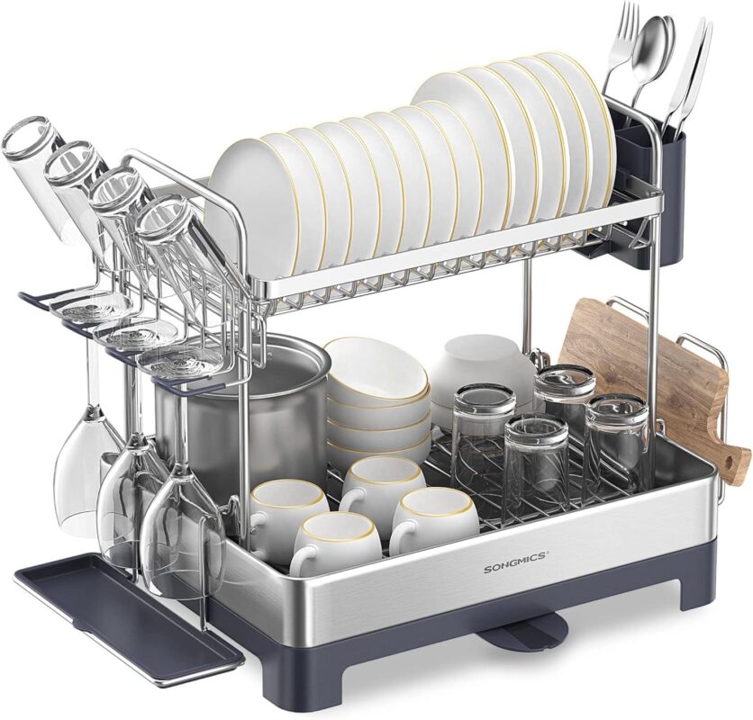 SONGMICS 2 Tier Dish Drying Rack, for Kitchen Counter with Rotatable Drain Spout, Silve and Gray