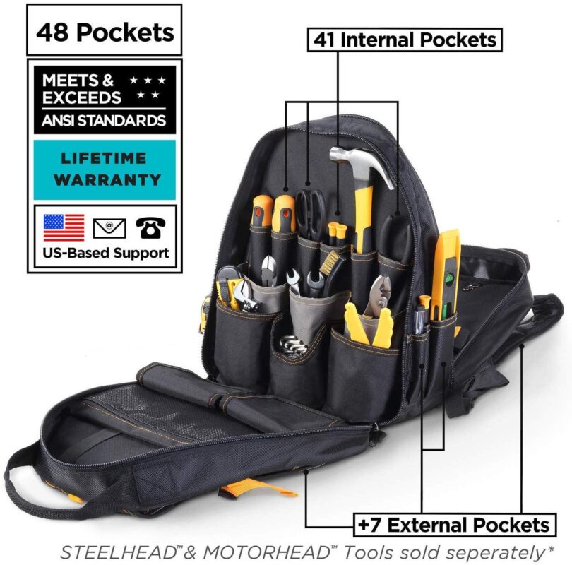 STEELHEAD 48-Pocket Heavy-Duty Tool Backpack, Padded Back Support, Reinforced Bottom, Rubber Feet, Perfect for Electricians, Plumbers, Contractors, HVAC Techs - Image 2