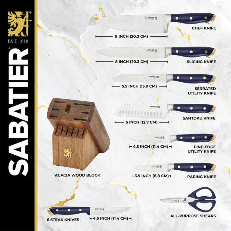 Sabatier 14 Piece Stainless Steel Forged Triple Rivet Knife Set with Acacia Block, Navy with Gold - Image 3