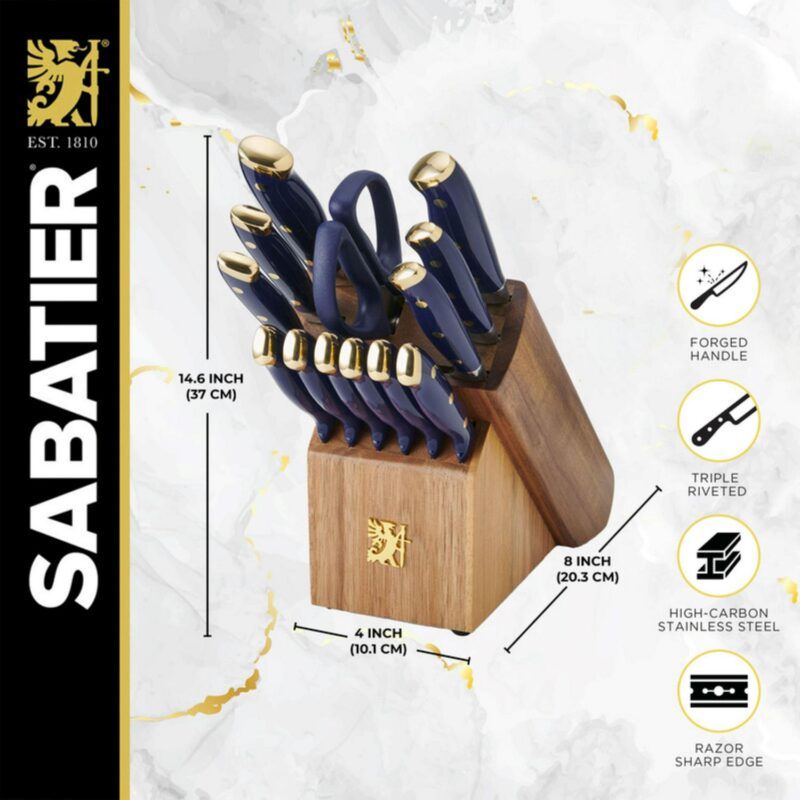 Sabatier 14 Piece Stainless Steel Forged Triple Rivet Knife Set with Acacia Block, Navy with Gold - Image 4