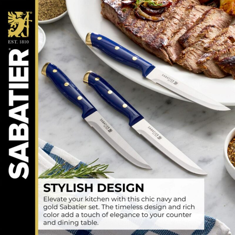 Sabatier 14 Piece Stainless Steel Forged Triple Rivet Knife Set with Acacia Block, Navy with Gold - Image 6