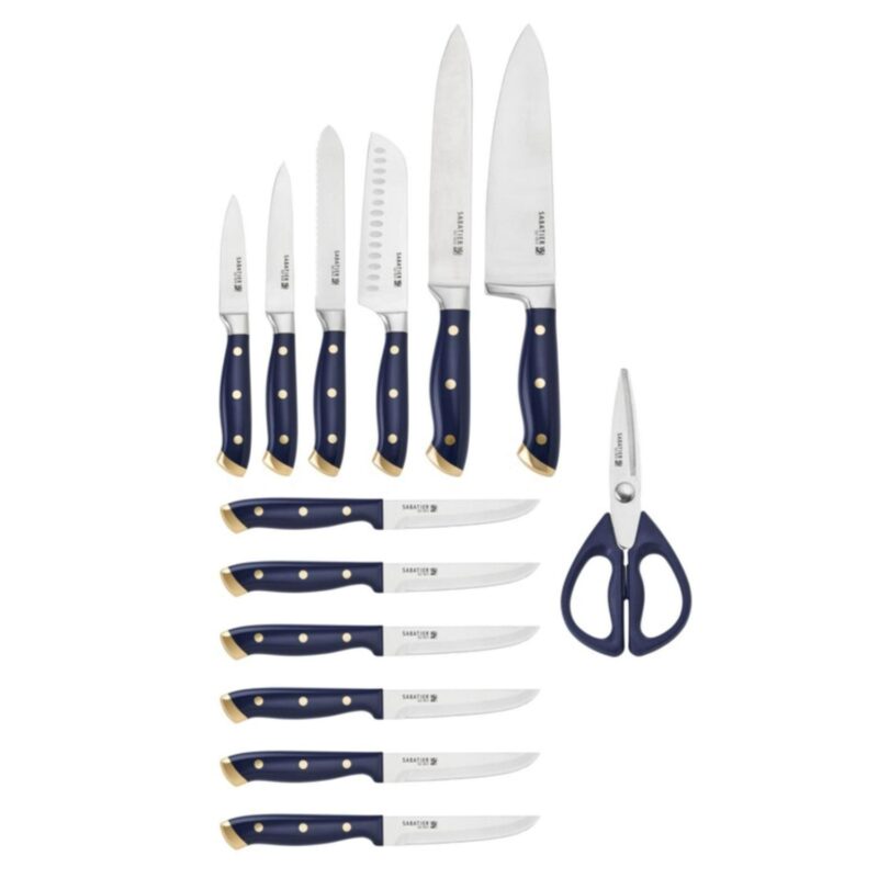 Sabatier 14 Piece Stainless Steel Forged Triple Rivet Knife Set with Acacia Block, Navy with Gold - Image 8