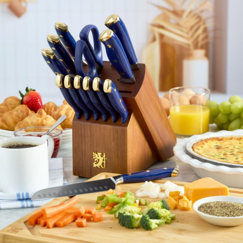 Sabatier 14 Piece Stainless Steel Forged Triple Rivet Knife Set with Acacia Block, Navy with Gold - Image 2