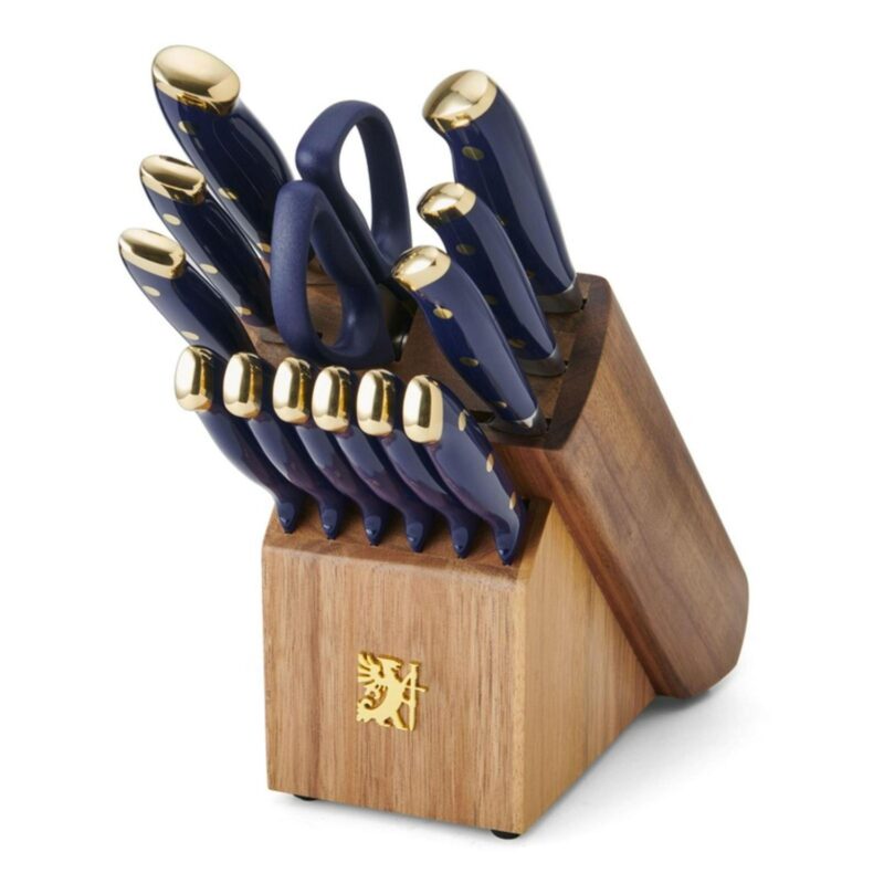 Sabatier 14 Piece Stainless Steel Forged Triple Rivet Knife Set with Acacia Block, Navy with Gold