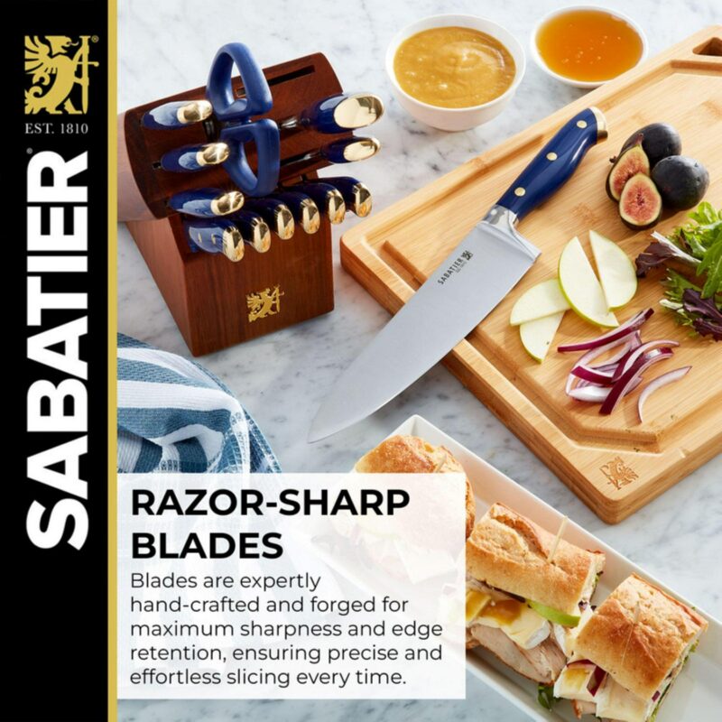 Sabatier 14 Piece Stainless Steel Forged Triple Rivet Knife Set with Acacia Block, Navy with Gold - Image 5