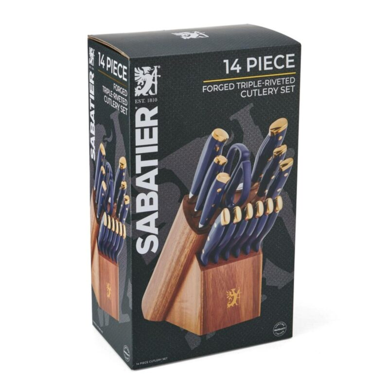 Sabatier 14 Piece Stainless Steel Forged Triple Rivet Knife Set with Acacia Block, Navy with Gold - Image 10