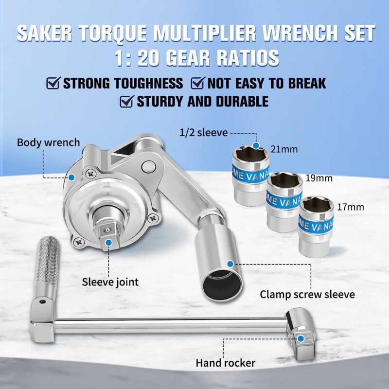 Saker Torque Multiplier Wrench Set, 1:20 Torque Multiplier, Heavy Duty Labor-Saving Nut Disassembly Tool with 17mm/19mm/21mm Sockets Perfect for Loosening Car Tire Lug Nuts - Image 2