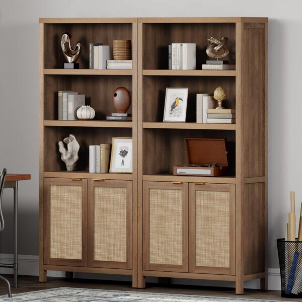 Sanspredet 5-Shelf Bookcase with Doors, 5 Tier Rattan Bookshelf with Storage Cabinet, Oak, Setof 2