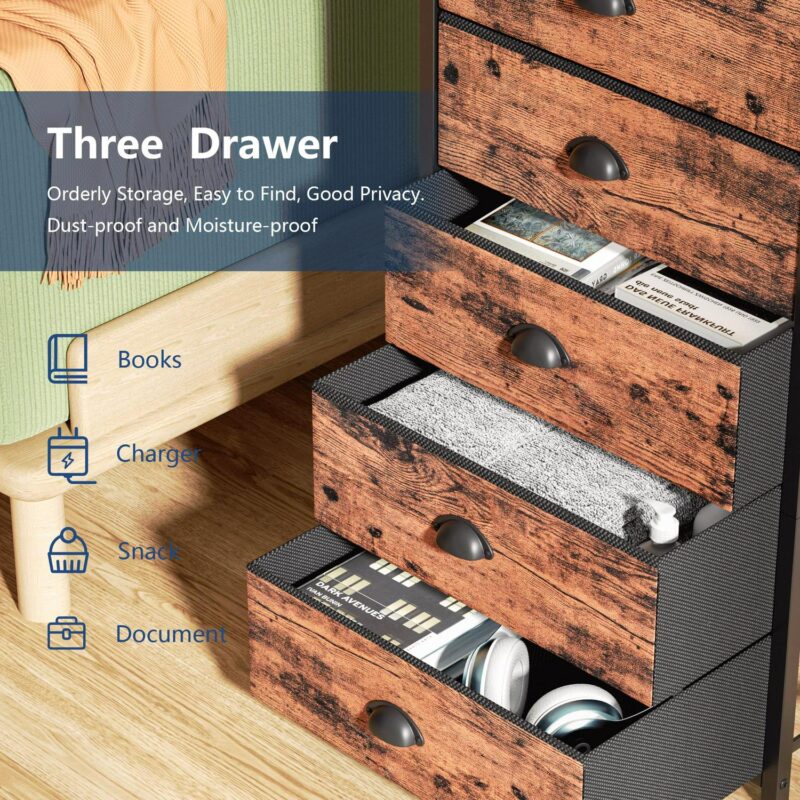 Satifur 5-Drawer Nightstand,Tall Fabric Dresser Storage End Table,Rustic Brown - Image 6