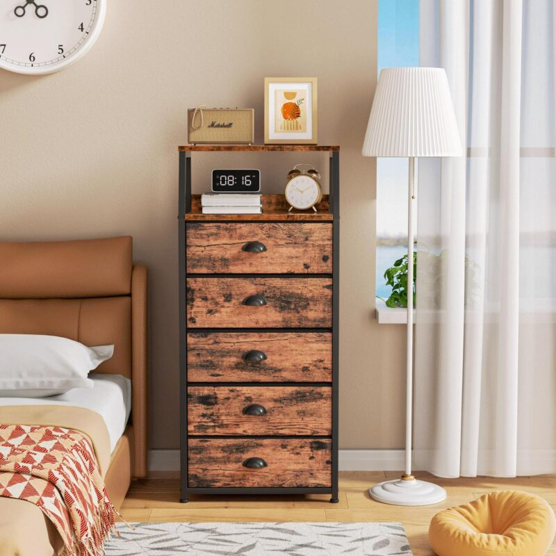 Satifur 5-Drawer Nightstand,Tall Fabric Dresser Storage End Table,Rustic Brown