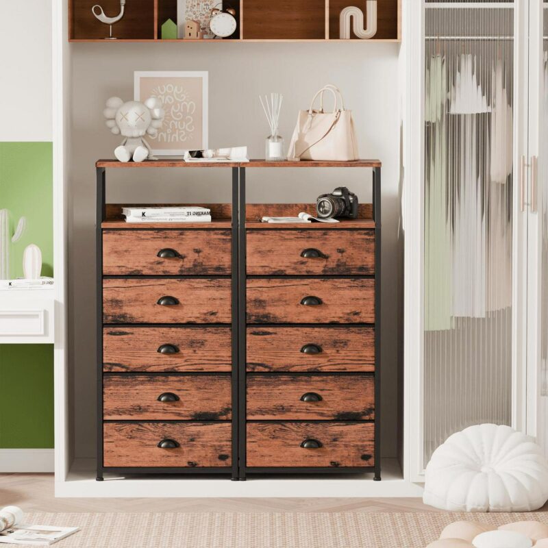 Satifur 5-Drawer Nightstand,Tall Fabric Dresser Storage End Table,Rustic Brown - Image 8