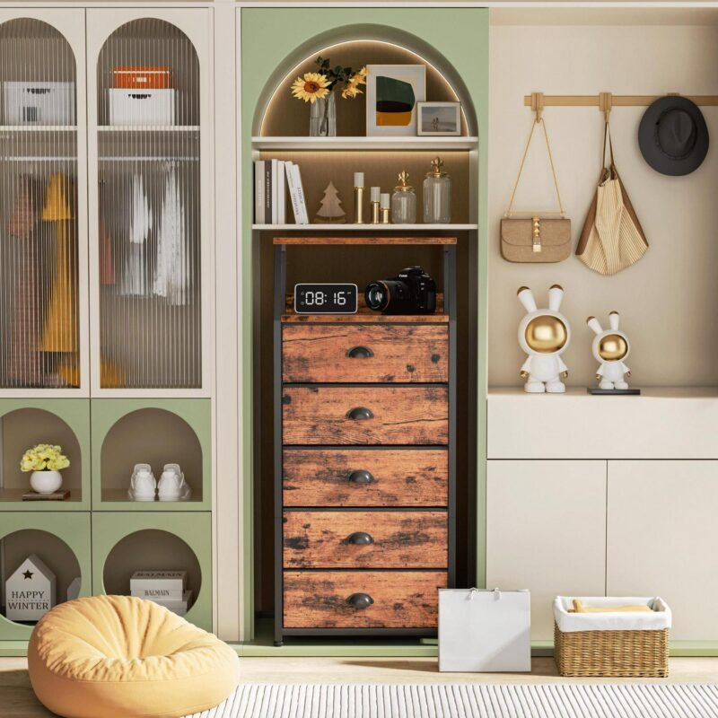 Satifur 5-Drawer Nightstand,Tall Fabric Dresser Storage End Table,Rustic Brown - Image 3