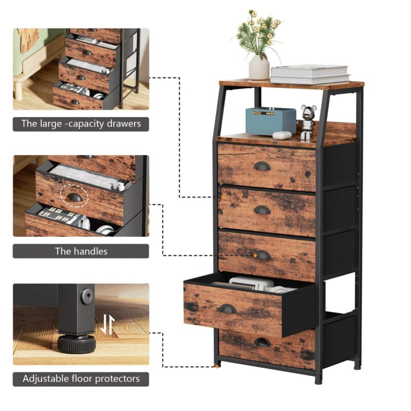 Satifur 5-Drawer Nightstand,Tall Fabric Dresser Storage End Table,Rustic Brown - Image 5