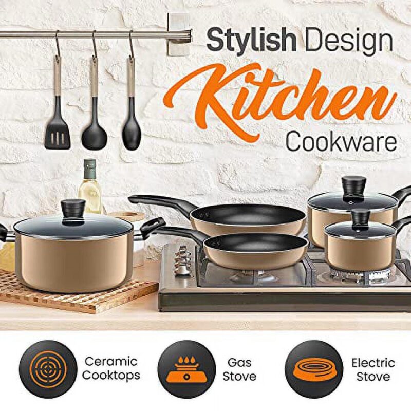 SereneLife 11 Piece Pots and Pans Non Stick Kitchenware Cookware Set, Gold - Image 6