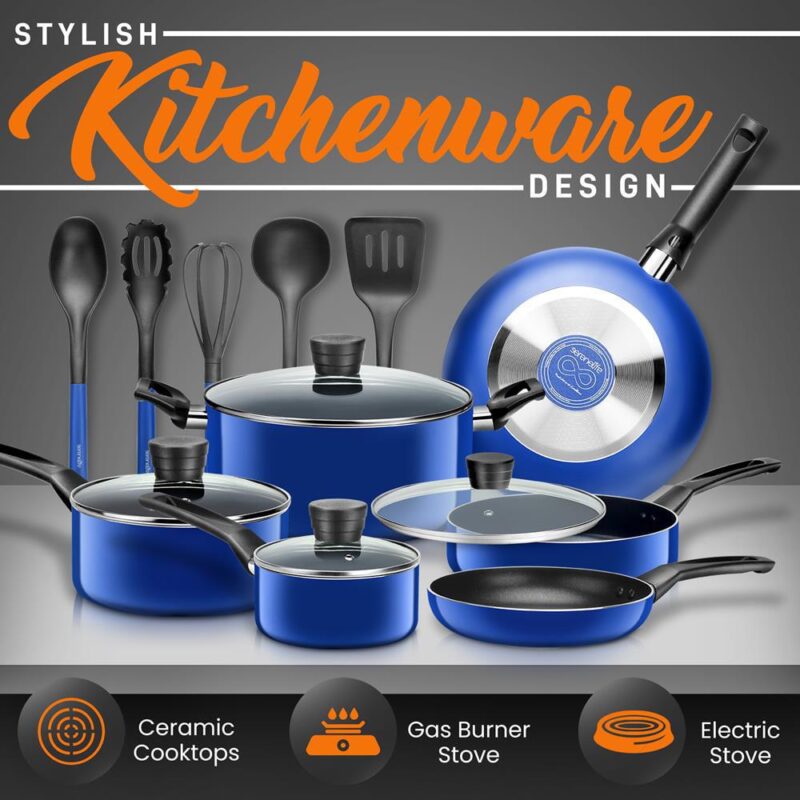 SereneLife 15 Piece Pots and Pans Non Stick Kitchenware Cookware Set, Blue - Image 6