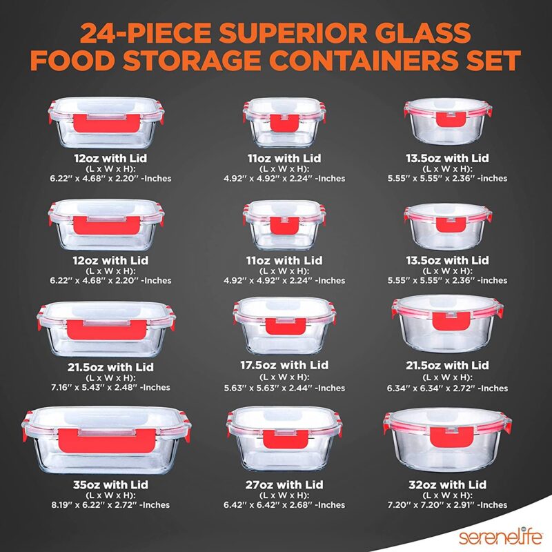 SereneLife 24-Piece Food Glass Storage Containers Superior Glass Food Storage Set, Stackable Design - Image 2