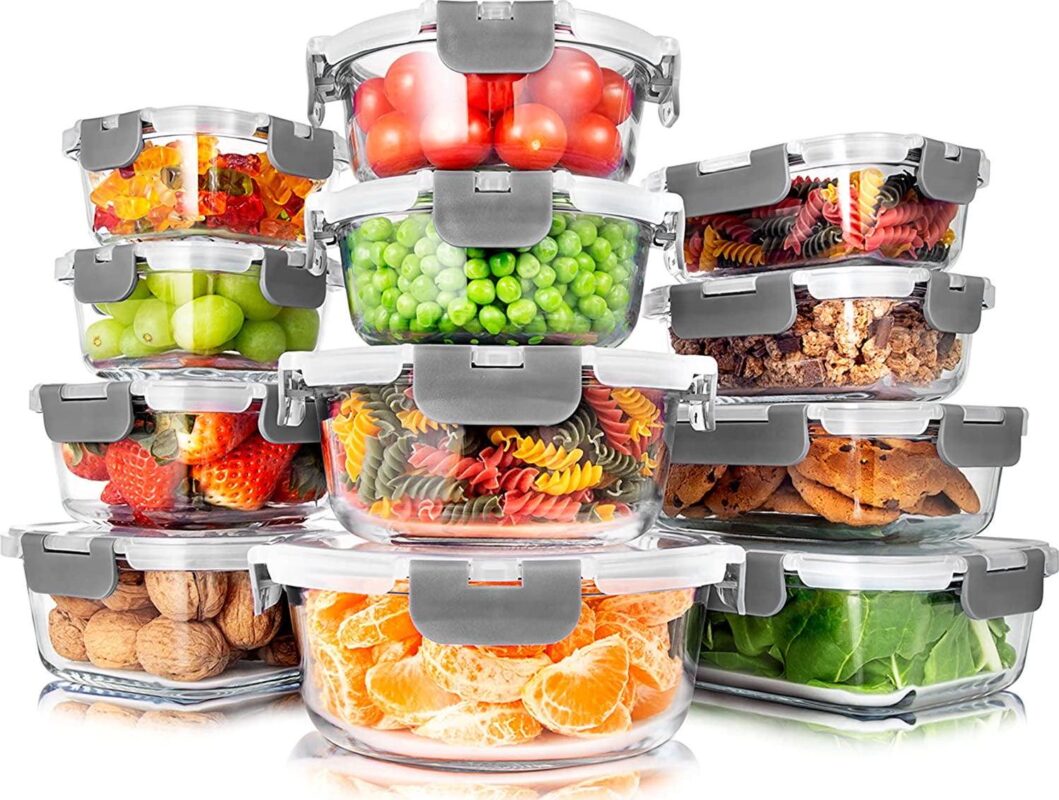 SereneLife 24-Piece Food Superior Glass Food Storage Containers Set, 11 to 35 oz. Capacity, Gray
