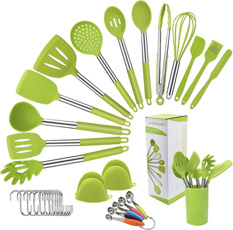 Silicone Cooking Utensil Set, 33+1 Pcs Silicone Cooking Kitchen Tools with Tongs,Spatula,Spoons,Turner,Kitchen Cookware BBQ Tools with Silicone Handle