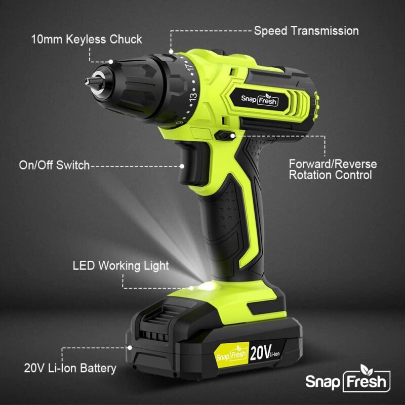 SnapFresh 20V Cordless Drill - 3/8 in Power Drill Set with 2 Variable Speed, 21+1 Torque Setting, LED, 43pcs Drill Bits,impact driver/Drill kit for Home, DIY,2.0Ah Battery and Fast Charger included - Image 7