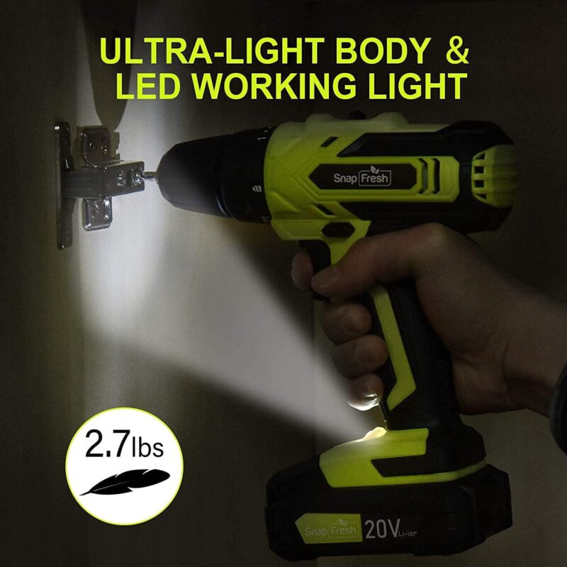 SnapFresh 20V Cordless Drill - 3/8 in Power Drill Set with 2 Variable Speed, 21+1 Torque Setting, LED, 43pcs Drill Bits,impact driver/Drill kit for Home, DIY,2.0Ah Battery and Fast Charger included - Image 3