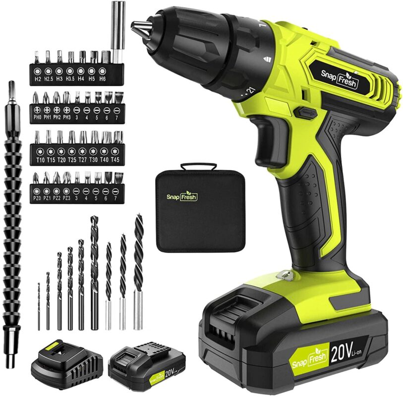 SnapFresh 20V Cordless Drill - 3/8 in Power Drill Set with 2 Variable Speed, 21+1 Torque Setting, LED, 43pcs Drill Bits,impact driver/Drill kit for Home, DIY,2.0Ah Battery and Fast Charger included