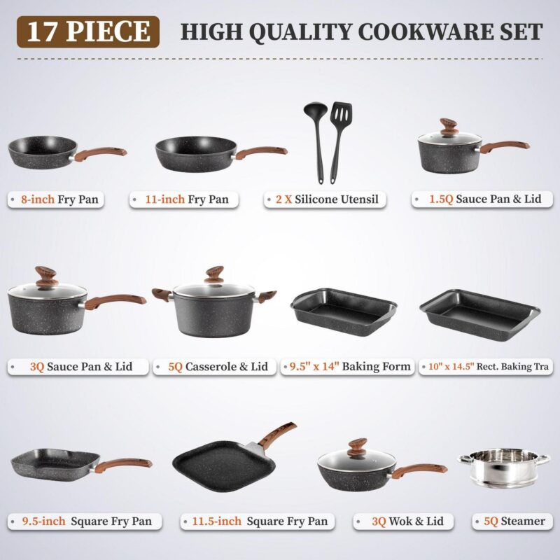 Sophia and William 17 Pieces Cookware and Bakeware Set Granite Non-stick Aluminum Pots and Pans, Black - Image 10