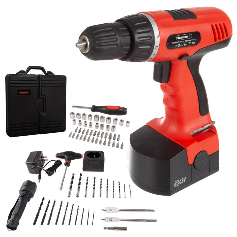 Stalwart 78PC 18V Cordless Drill Set with Bits, Sockets, and Drivers (Red)