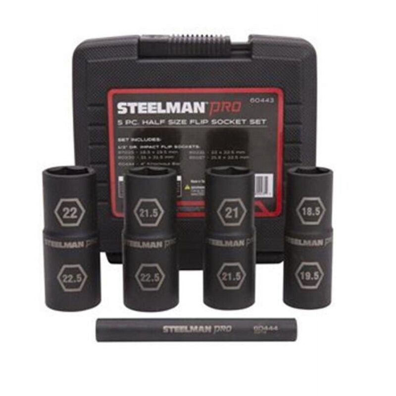 Steelman 5 Pc 1/2in Drive 6-Pt Flip Socket Set 18.5, 19.5, 21, 21.5, 22, 22.5 mm