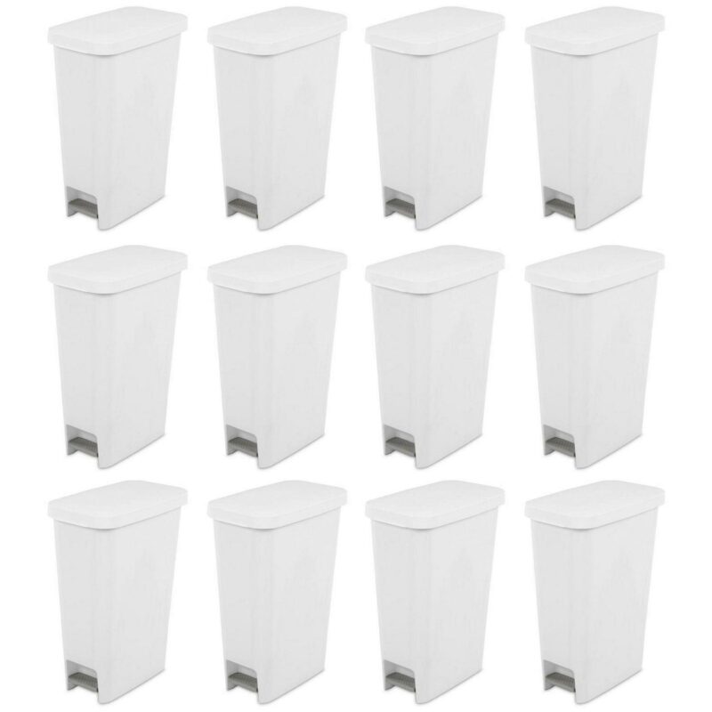 Sterilite 11 Gal Slim StepOn Handsfree Portable Wastebasket, White (4 Pack)