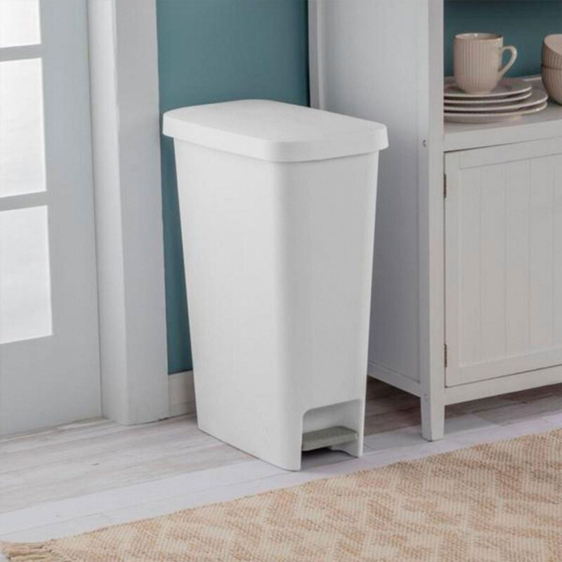 Sterilite 11 Gal Slim StepOn Handsfree Portable Wastebasket, White (4 Pack) - Image 7