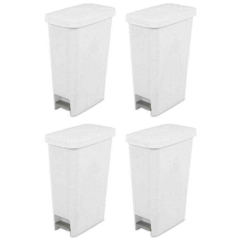 Sterilite 11 Gal Slim StepOn Handsfree Portable Wastebasket, White (4 Pack)