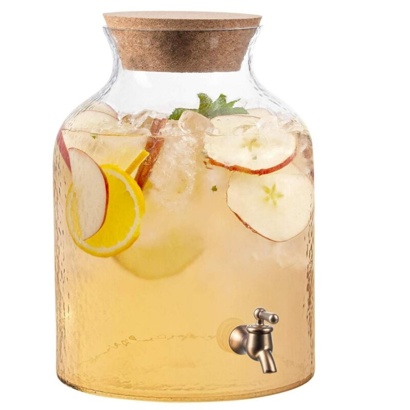 Style Setter, Round, Hammered Clear Glass Drink Dispenser with Spigot and Cork Lid, 2.7-gal