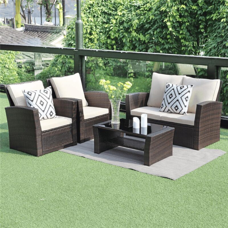 Superjoe Outdoor Patio Furniture Set 4 Pcs Wicker Sectional Conversation Sofa Steel Frame Rattan Couch with Coffee Table on Sale, Brown Rattan Beige Cushion