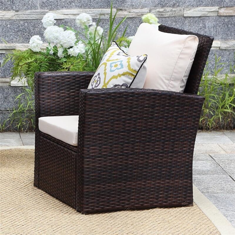 Superjoe Outdoor Patio Furniture Set 4 Pcs Wicker Sectional Conversation Sofa Steel Frame Rattan Couch with Coffee Table on Sale, Brown Rattan Beige Cushion - Image 4