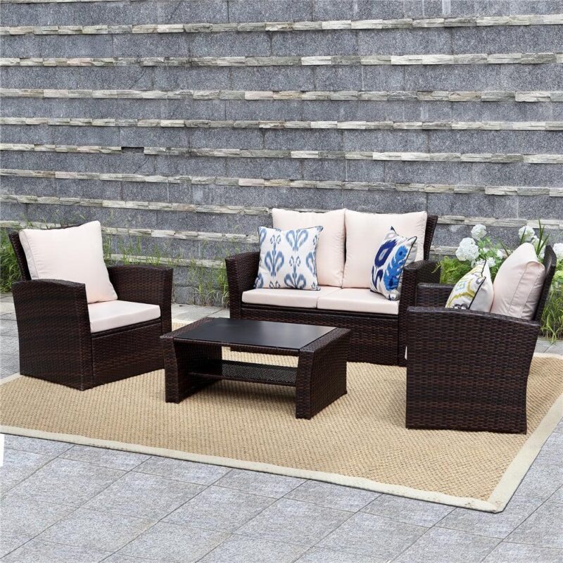 Superjoe Outdoor Patio Furniture Set 4 Pcs Wicker Sectional Conversation Sofa Steel Frame Rattan Couch with Coffee Table on Sale, Brown Rattan Beige Cushion - Image 8