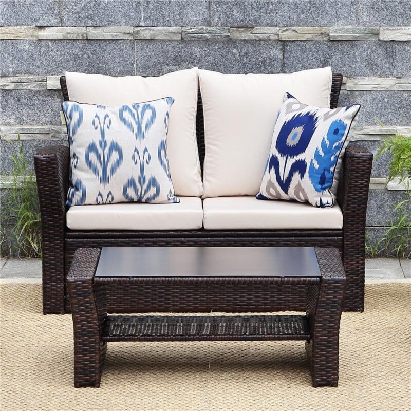 Superjoe Outdoor Patio Furniture Set 4 Pcs Wicker Sectional Conversation Sofa Steel Frame Rattan Couch with Coffee Table on Sale, Brown Rattan Beige Cushion - Image 3